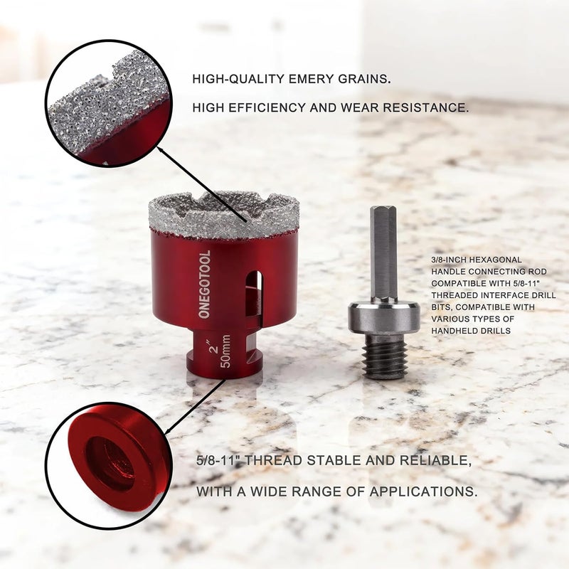 ONEGOTOOL 2 Inch（50mm） Diamond Hole Saw Tile Masonry Core Drill bits for Porcelain Ceramic Concrete Granite Marble 5/8-11 Thread for Angle Grinders and 3/8” Hex Shank - Image 3